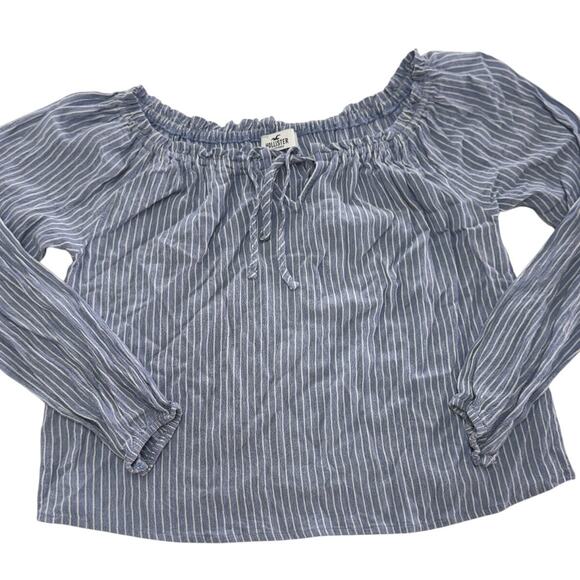 Hollister Top Womens Small White Blue Striped Off Shoulder Blouse Coastal Boho - Picture 1 of 6